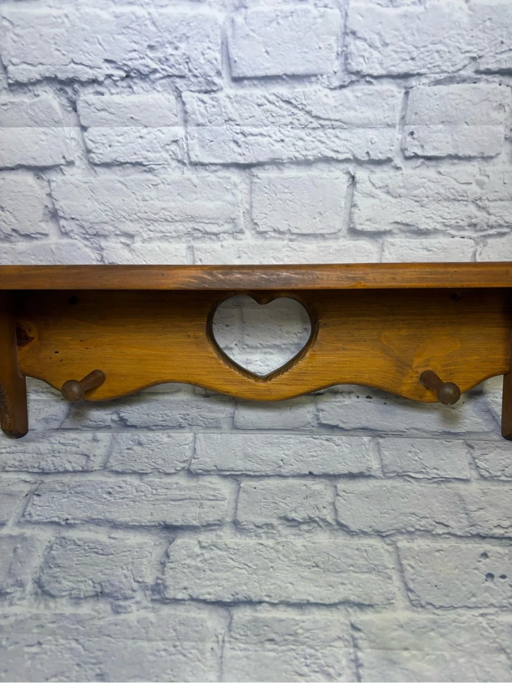 Vtg Handmade Wooden Heart Cutout Wall Shelf Cottage W/2 Pegs 28” Brown Farmhouse